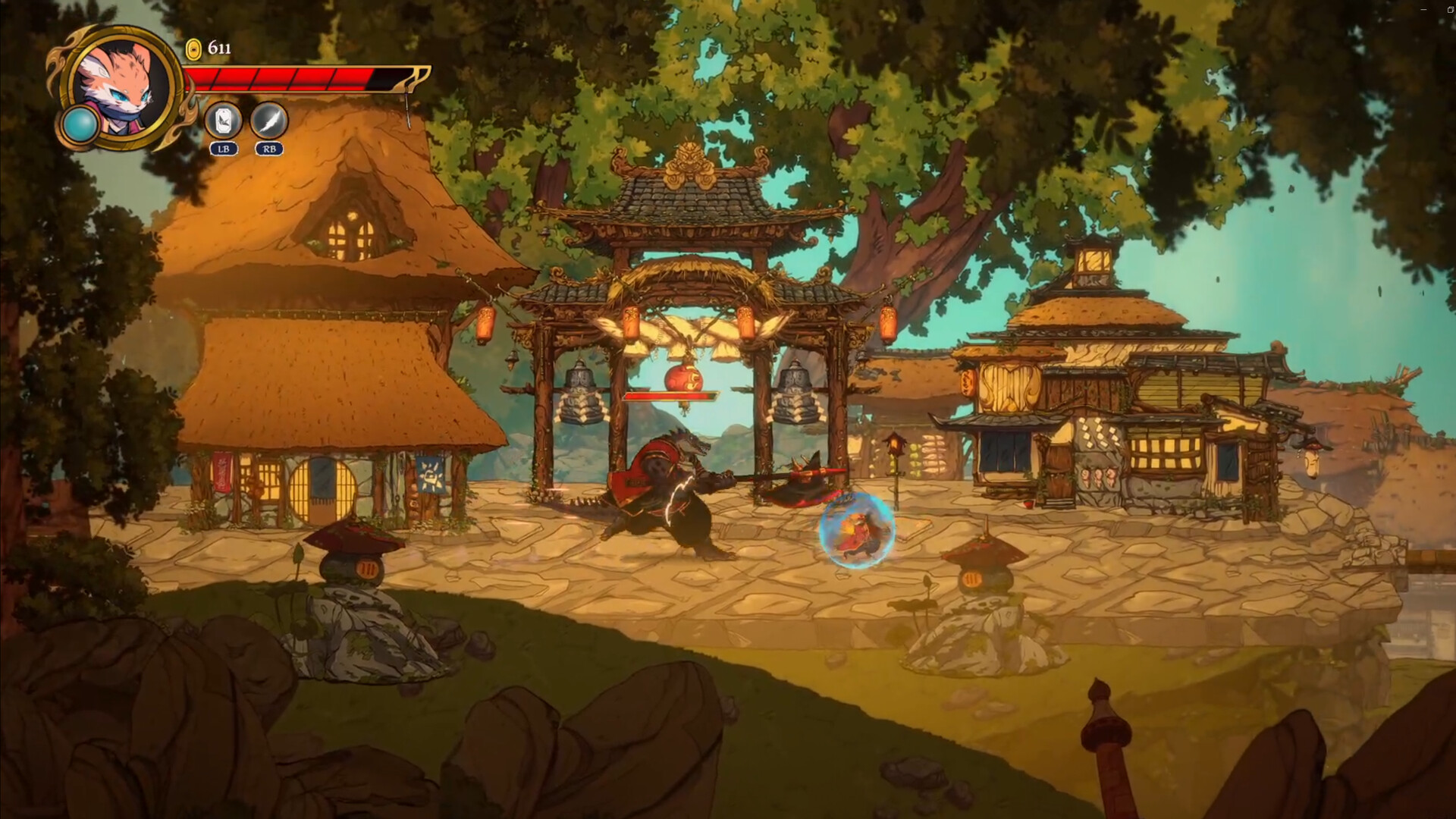 Combat beneath a village gate