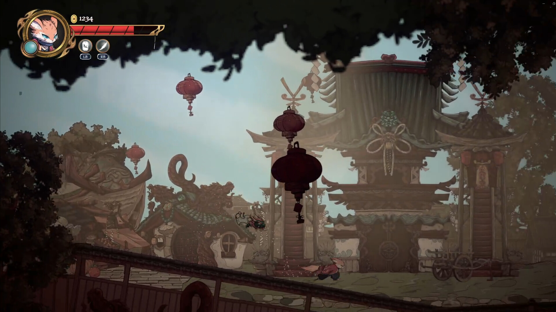 A dusky village at twilight with red lanterns