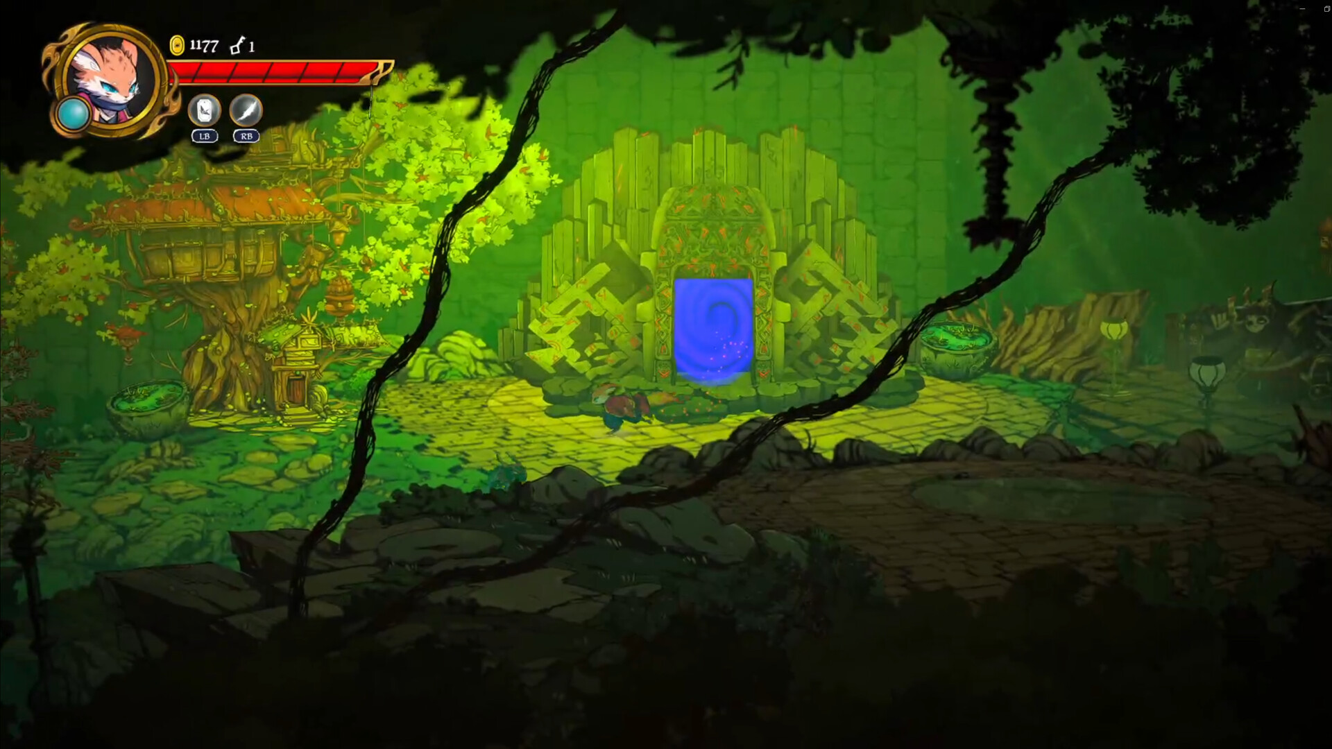 A glowing spirit gate awakening in a forest of the broken realm