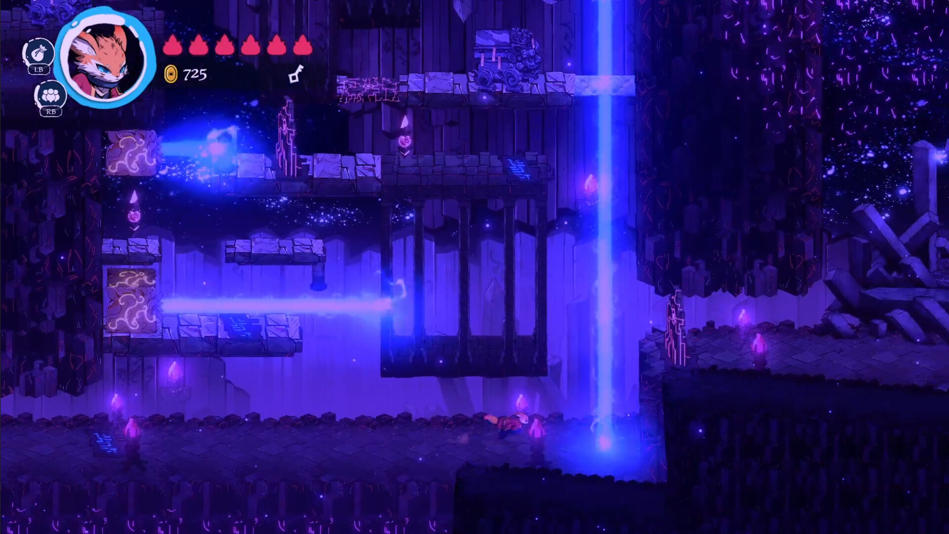A violet cavern with a waterfall of blue light